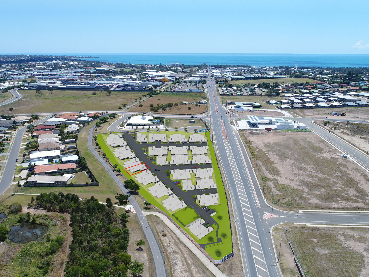 Aerial view of a planned residential development in Hervey Bay near the Queensland coastline, illustrating strategic lot layout and urban expansion.